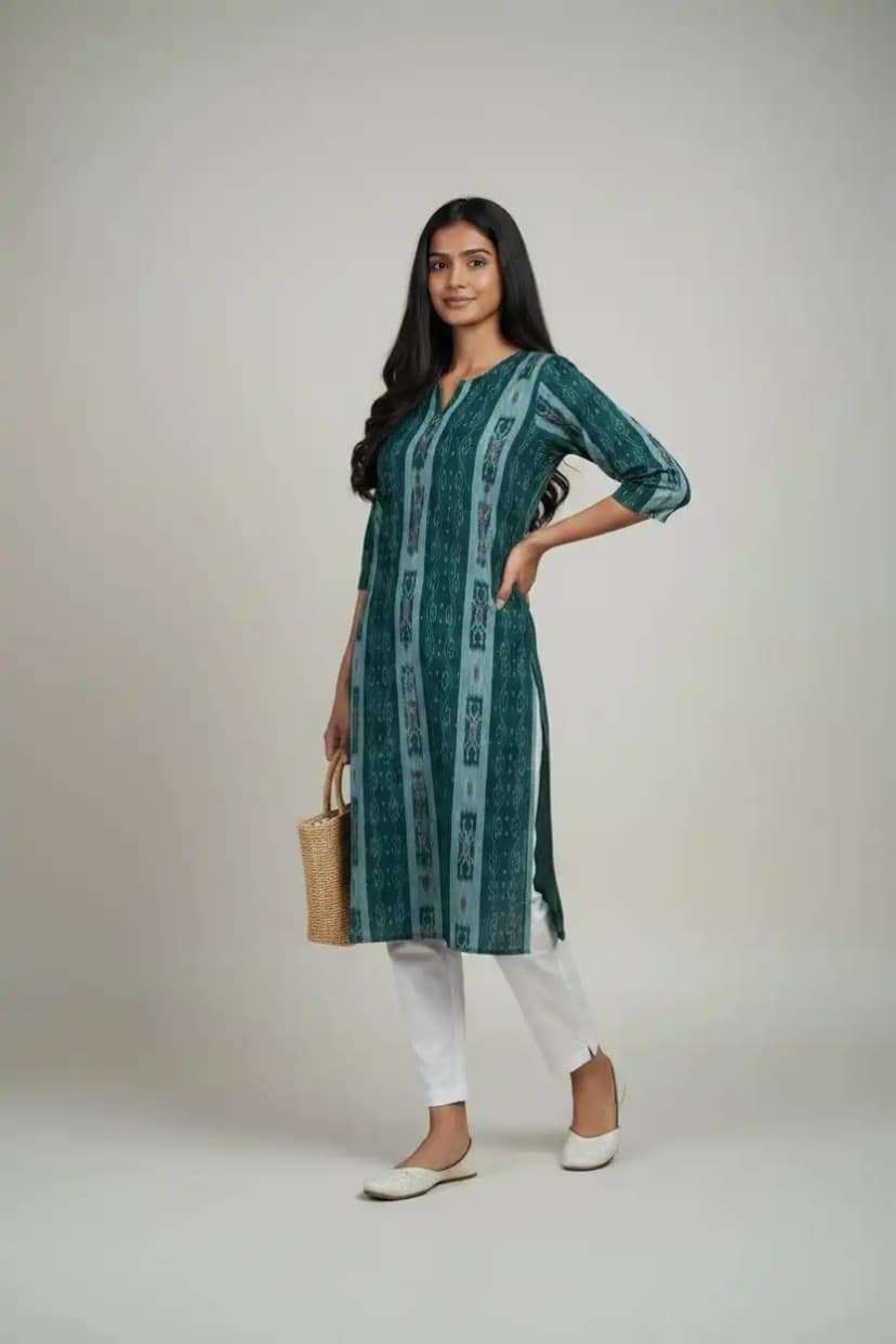 Sambalpuri Ikat Forest Green Cotton Kurti view 3
