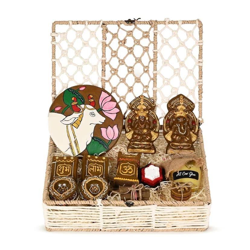 Rural Roots 100% Cow Dung Diwali Puja Samagri Set | A2 Ghee, Cow Dung Diya, Subh Labh, Om Shiv Swastik, Gau Mata Kanda, Padam Kund, Dhup Batti, Tulsi Vrandavan, Lakshmi & Ganesh Murti view 2