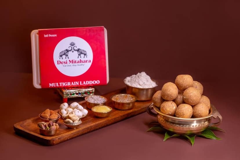 Desi Mitahara's Multigrain Ladoo - Made with Multigrain, Jaggery & Cow Ghee - Traditional Indian Sweet - Healthy, Nutritious Snack - 480g Pack - No Artificial Colours - Suitable for All Ages view 2