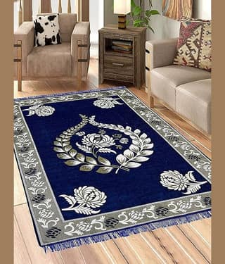 RADECOR Blue Chenille Carpet Floral 5x7 Ft
