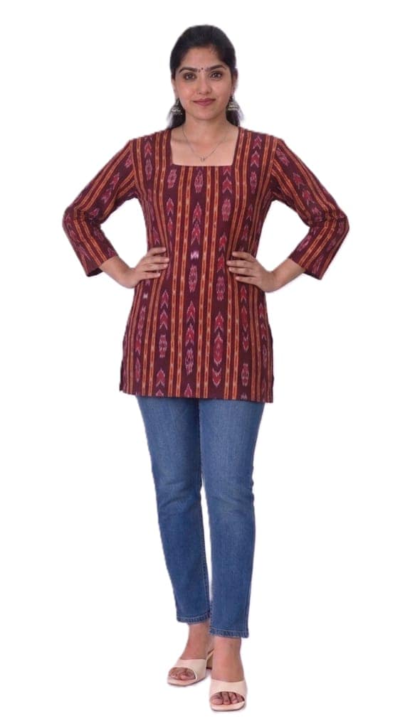GHL Women's Premium Sambalpuri Ikat Handloom Cotton Short Kurti | Square Neck Ethnic Top | Office Wear, College Wear & Casual Kurti for Women view 6