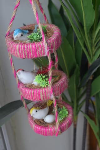 Decorative Bird Nest Wreath with Pink Jute Rope, White Birds, Green Succulents, Natural Twine, Spring Home Decor