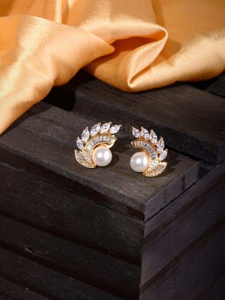 Gold Plated White AD & Pearl Studded Studs Earrings view 2