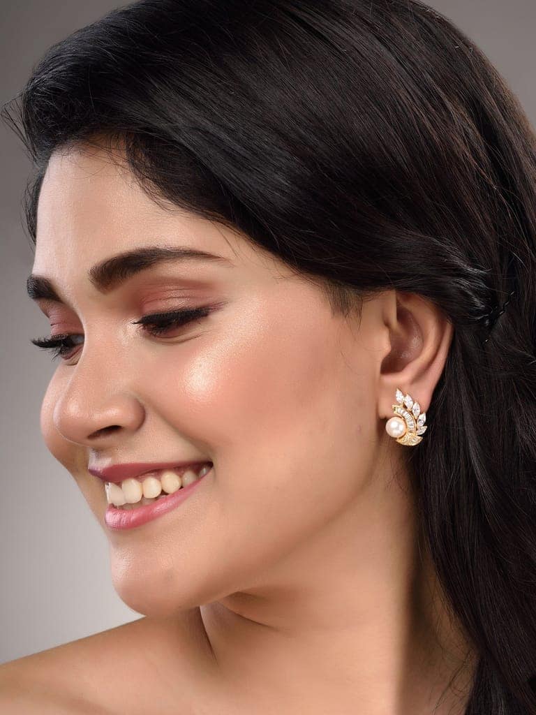 Gold Plated White AD & Pearl Studded Studs Earrings view 3