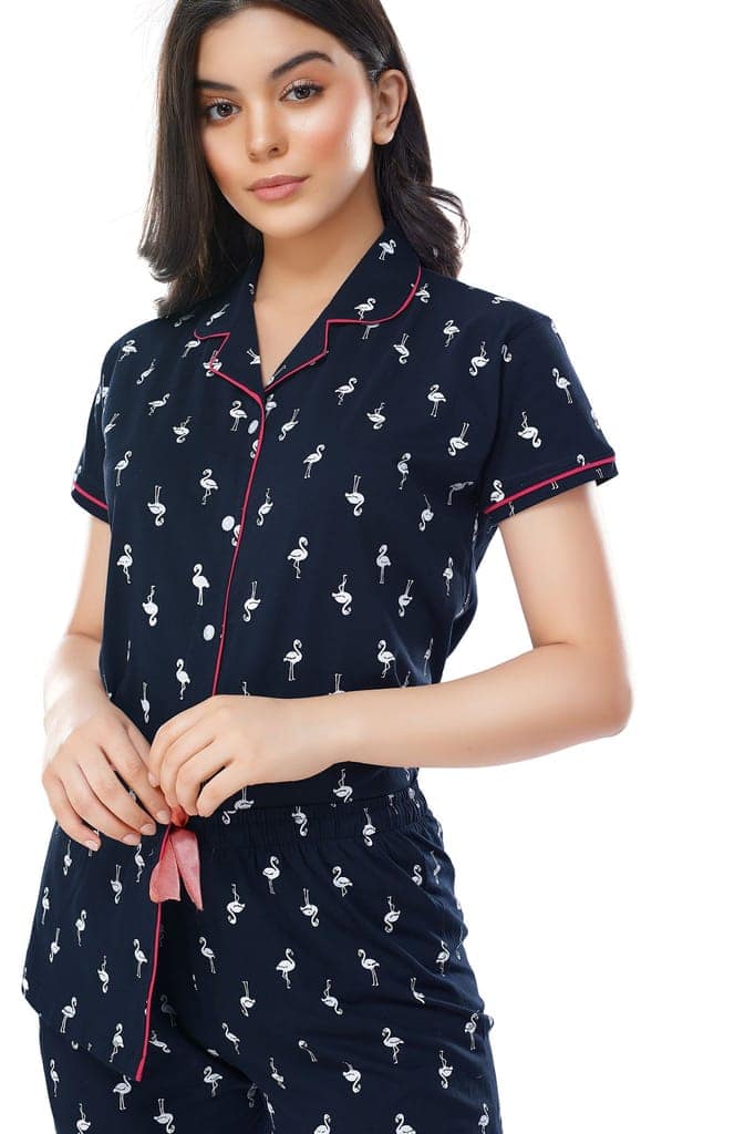 ZEYO Women's Cotton Navy Blue Flamingo Printed Stylish Night suit set view 2