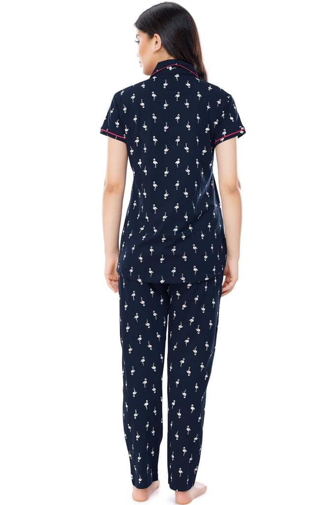 ZEYO Women's Cotton Navy Blue Flamingo Printed Stylish Night suit set view 3