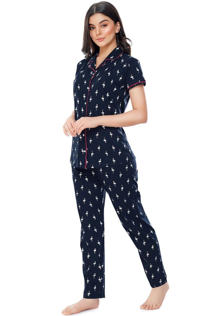 ZEYO Women's Cotton Navy Blue Flamingo Printed Stylish Night suit set view 4