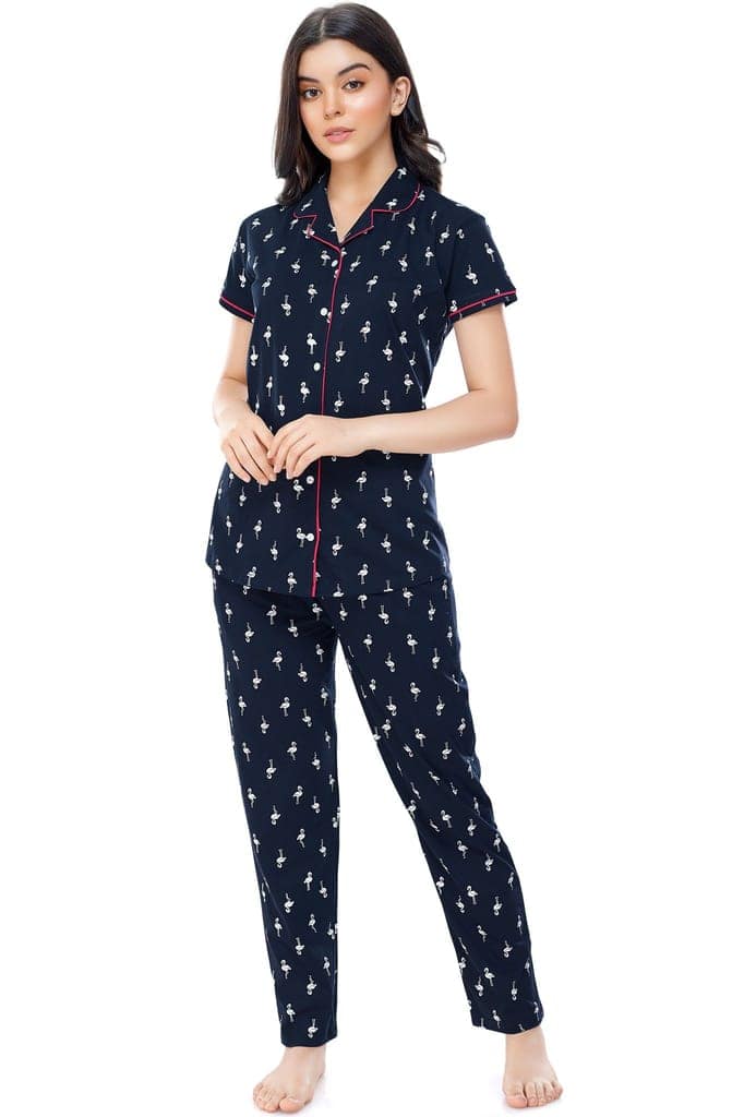 ZEYO Women's Cotton Navy Blue Flamingo Printed Stylish Night suit set view 5