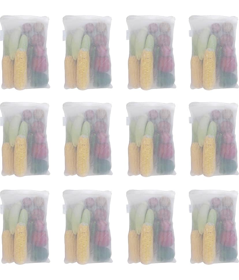 PrettyKrafts mesh Reusable Fridge Storage Bag for Fruits & Vegetables-Set of 12 (Double Layered Mesh)- White