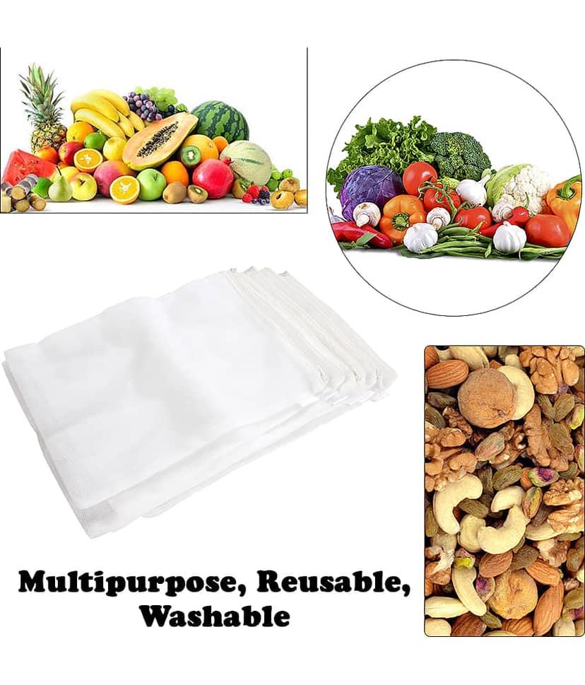 PrettyKrafts mesh Reusable Fridge Storage Bag for Fruits & Vegetables-Set of 12 (Double Layered Mesh)- White view 2