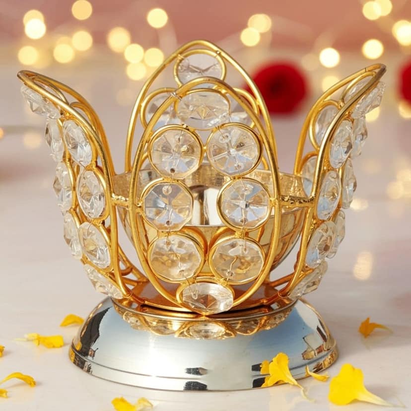 Brass Table Decor Oil Lamp Deepak With Crystal - Antique Deepak for Aesthetic D?cor, Height : 3.8 Inch (ZMAS163 C)