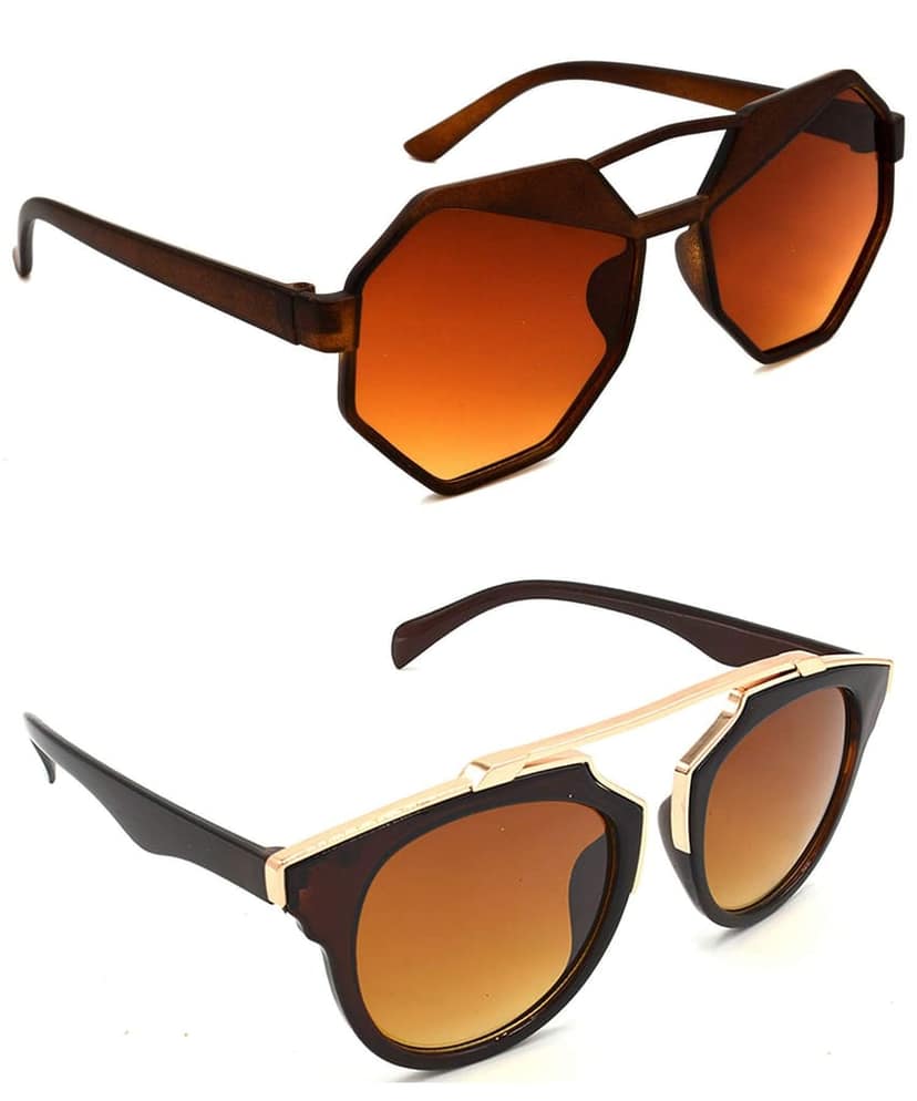 HRINKAR Unisex Round Sunglasses Brown & Golden Frame, Brown Lens (Medium) - Pack of 2