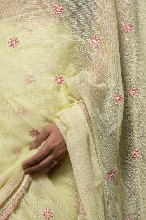 shwet yellow maroon kota cotton chikankari saree view 4