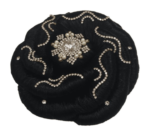 Elegant Black Hair Bun with Rhinestones & Pearls