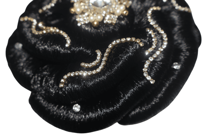 Elegant Black Hair Bun with Rhinestones & Pearls view 4
