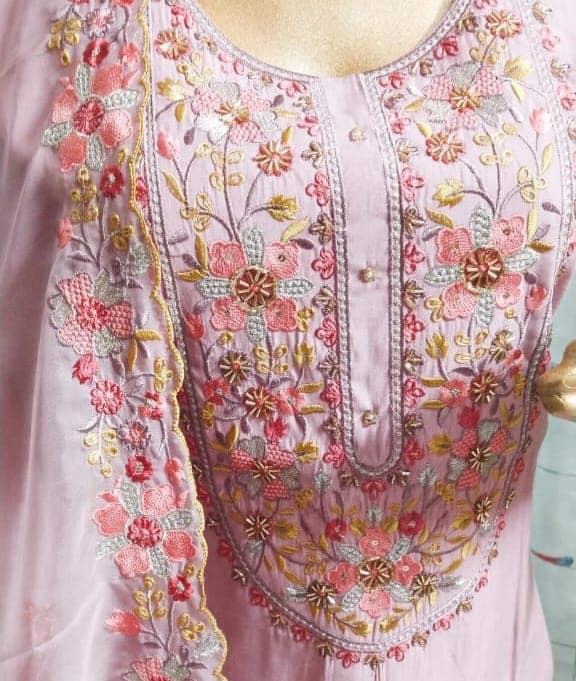 Pink Embroidered Straight Kurta Pant Set With Dupatta view 3