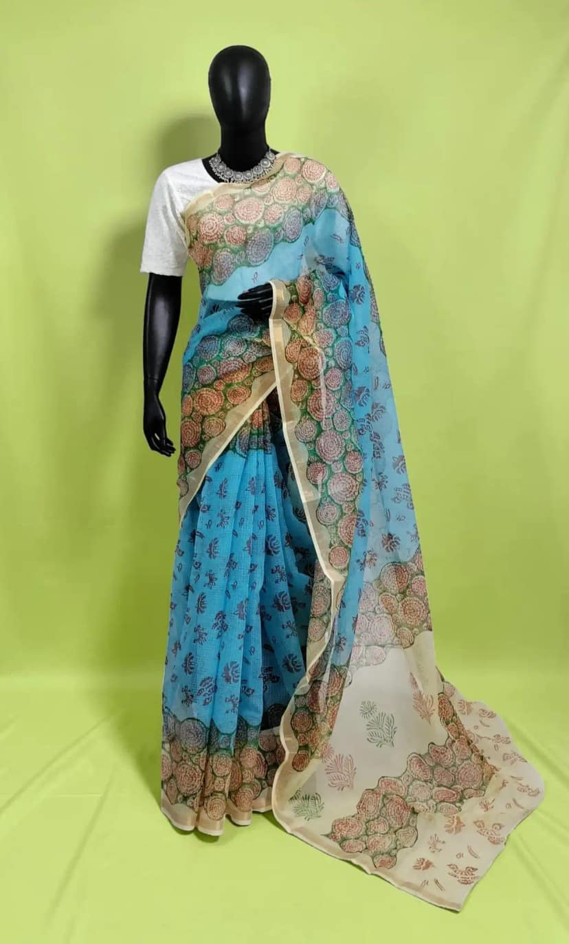 Handwoven Kota Doria Saree in Blue with Block-Printed Border