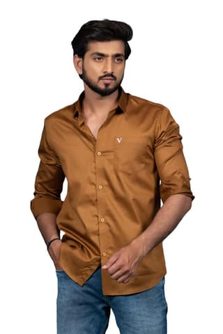 Vooz Premium Slim Fit Long Sleeve Shirt for Men, Khaki, Cut Away Collar, Made in India
