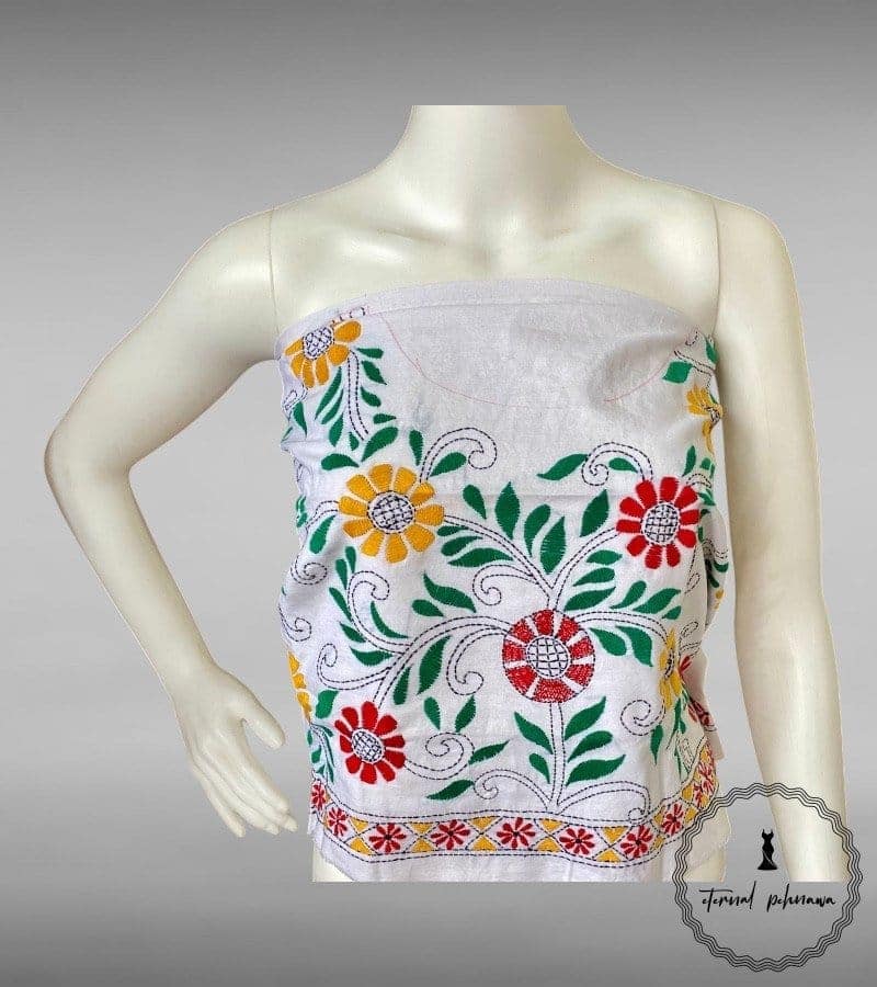White Bengal Kantha Hand Embroidered Blouse Piece for Sarees