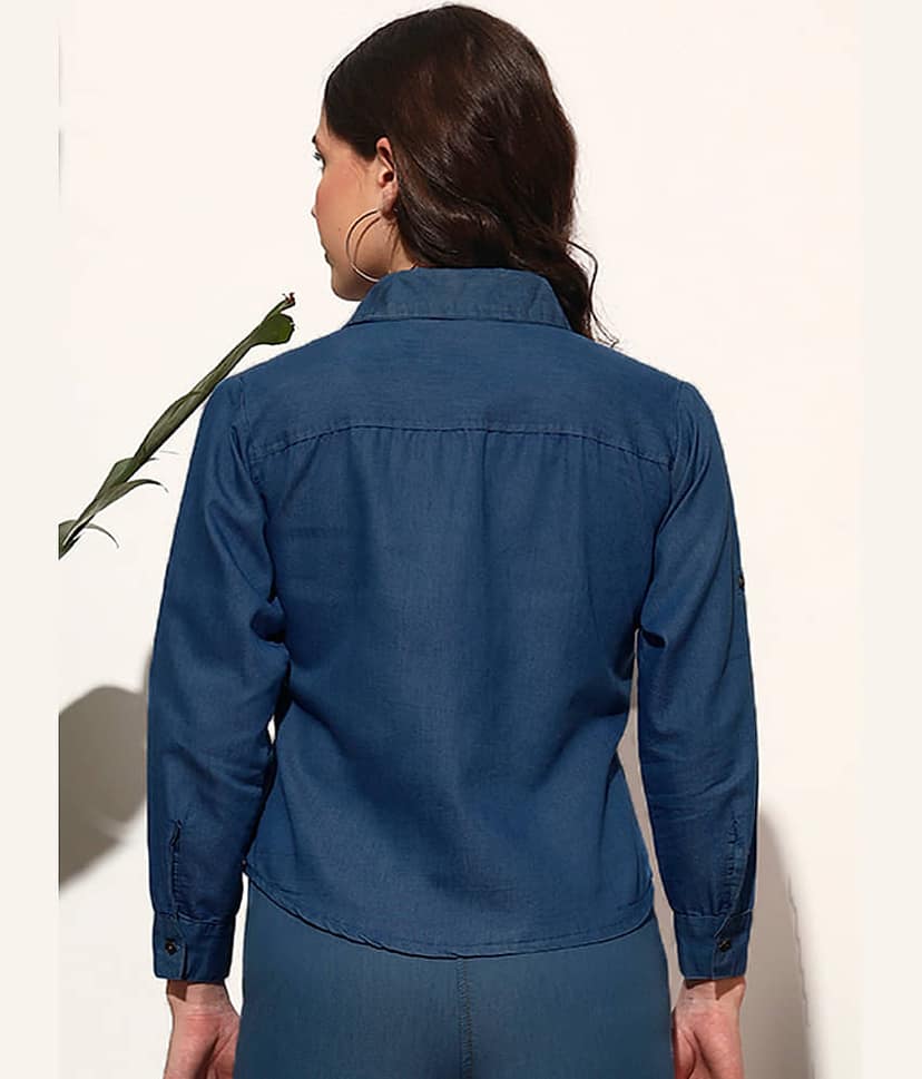 Addyvero Women Solid Denim Shirt ( Navy Blue ) view 2