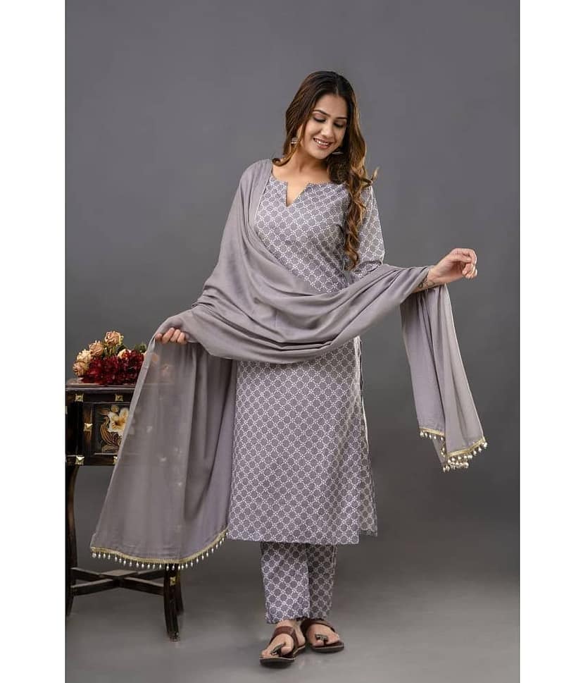 Shivaradhya designers Cotton Printed Kurti With Pants Women's Stitched Salwar Suit - Grey ( Pack of 1 )