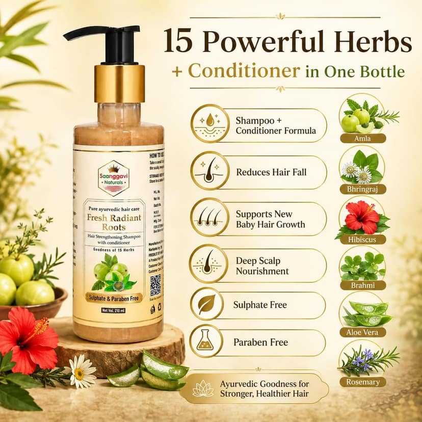 15 Herbs Hair Strengthening Shampoo with Conditioner 210 ml | Sulphate & Paraben Free | Fresh Radiant Roots Formula view 4