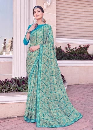 Digital Printed Georgette Saree in Turquoise