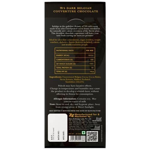 Zevic Premium Stevia Chocolate - Belgian Cocoa 70% Dark, 40 gm view 2