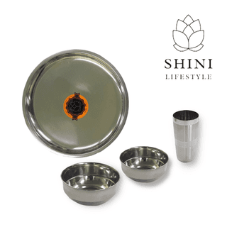 SHINI LIFESTYLE Pack of 4 Stainless Steel Good Quality Mirror Finish (1 Dinner Plates, 1 Big bowl, 1 Small bowl, 1 Glass) Dinner Set (Silver)