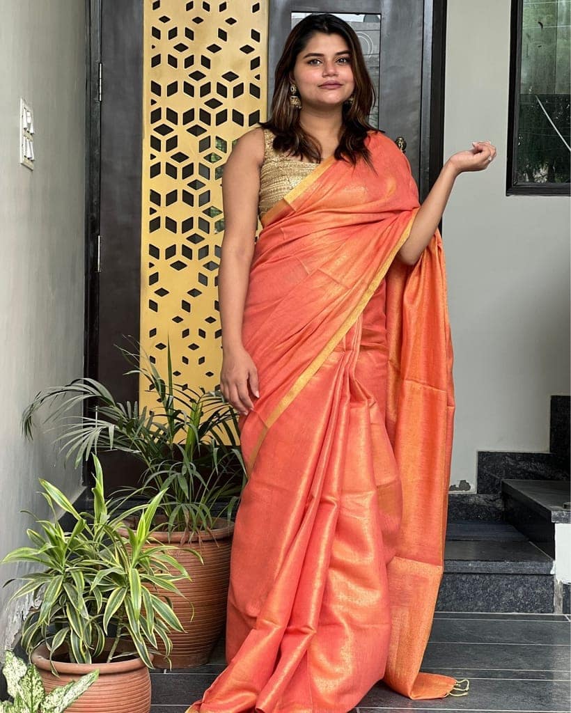 Hand Dyed Pure Tissue Linen Red Saree With Running Blouse Hand Dyed-7075 view 2