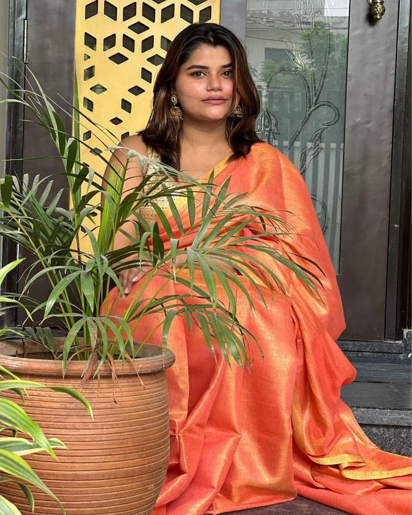 Hand Dyed Pure Tissue Linen Red Saree With Running Blouse Hand Dyed-7075 view 3