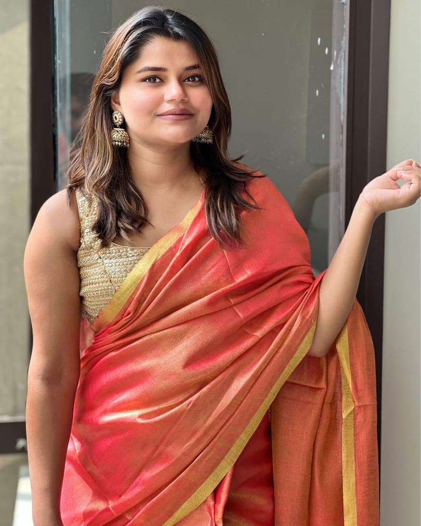 Hand Dyed Pure Tissue Linen Red Saree With Running Blouse Hand Dyed-7075 view 4
