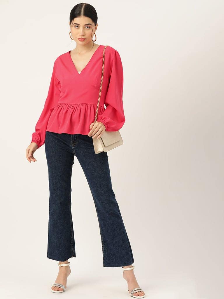 Coral Solid Puff Sleeve Crepe Peplum Top view 4