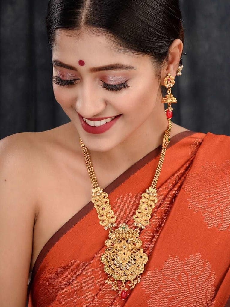 Gold Plated Red & Green stone studded Peacock Temple Design long Necklace Jewellerey Set