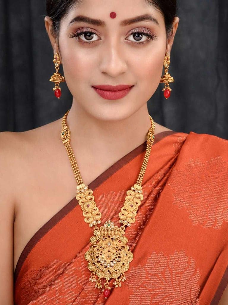 Gold Plated Red & Green stone studded Peacock Temple Design long Necklace Jewellerey Set view 2