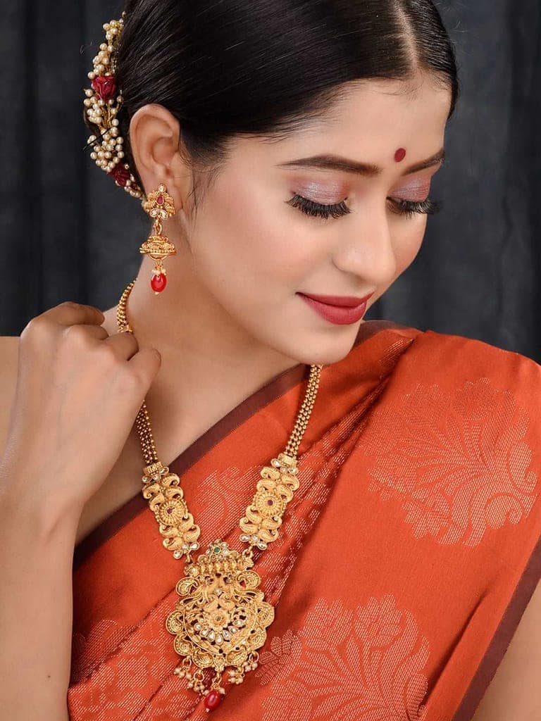 Gold Plated Red & Green stone studded Peacock Temple Design long Necklace Jewellerey Set view 3