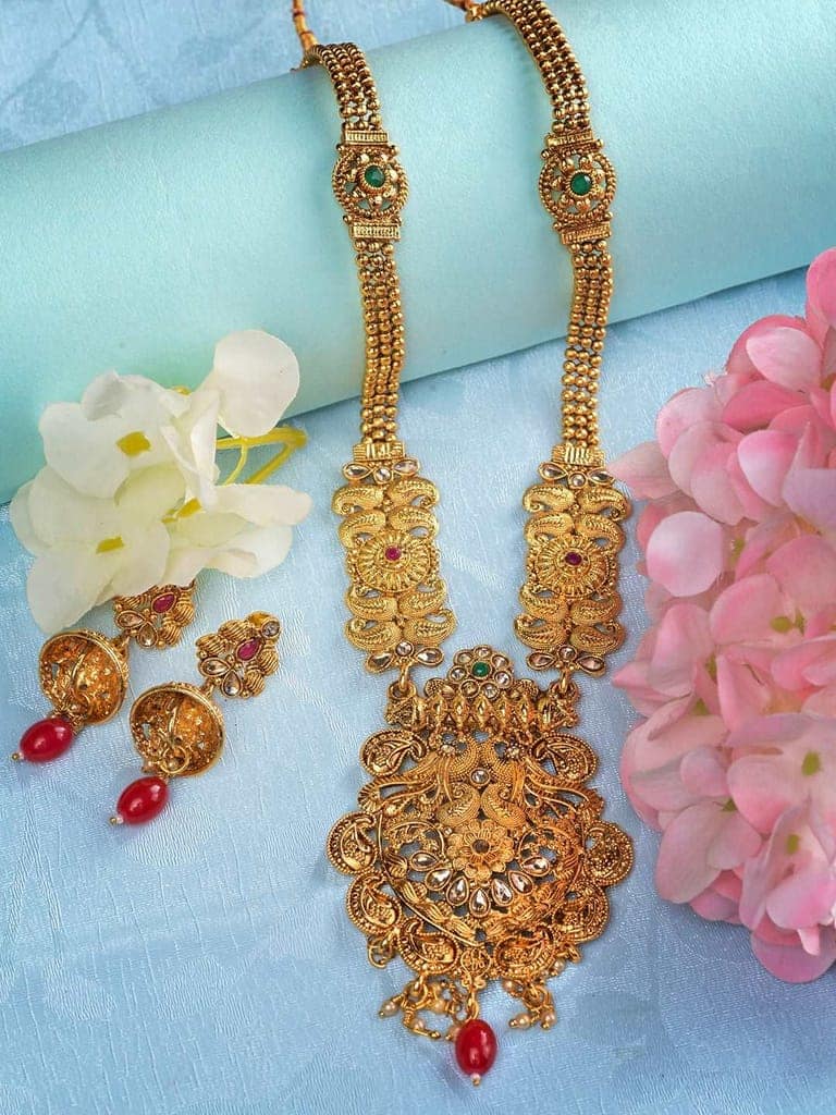 Gold Plated Red & Green stone studded Peacock Temple Design long Necklace Jewellerey Set view 5