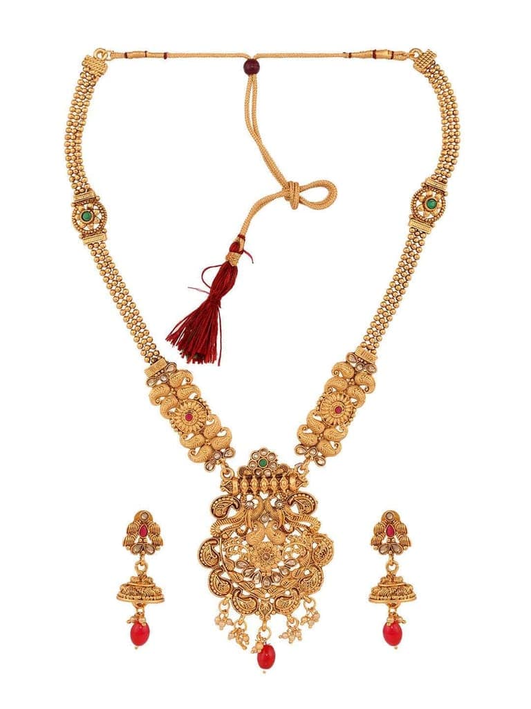 Gold Plated Red & Green stone studded Peacock Temple Design long Necklace Jewellerey Set view 6