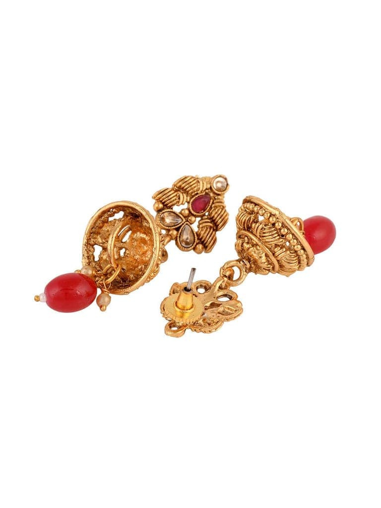 Gold Plated Red & Green stone studded Peacock Temple Design long Necklace Jewellerey Set view 7