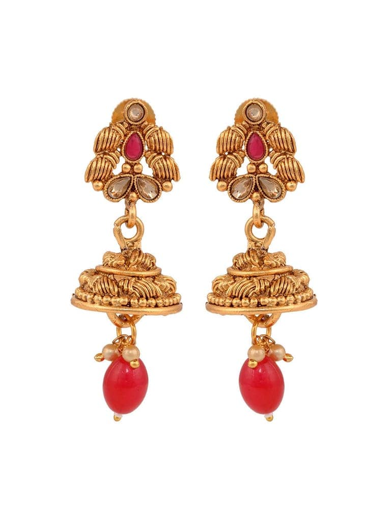 Gold Plated Red & Green stone studded Peacock Temple Design long Necklace Jewellerey Set view 8