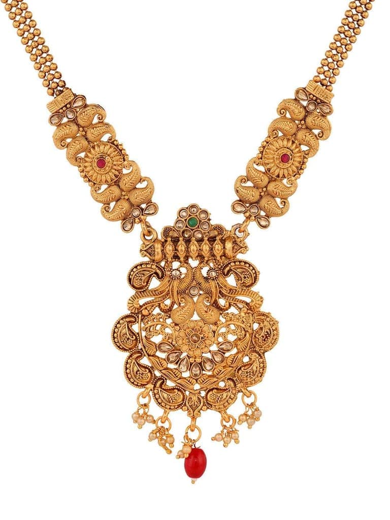 Gold Plated Red & Green stone studded Peacock Temple Design long Necklace Jewellerey Set view 9