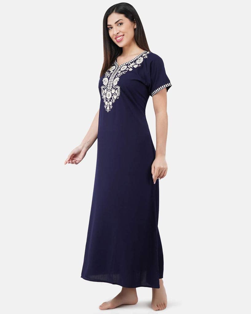 KOI SLEEPWEAR Premium Women White SIX Flower Embroidery Night Gown Lizzybizzy Cotton Nighty Maxi view 8