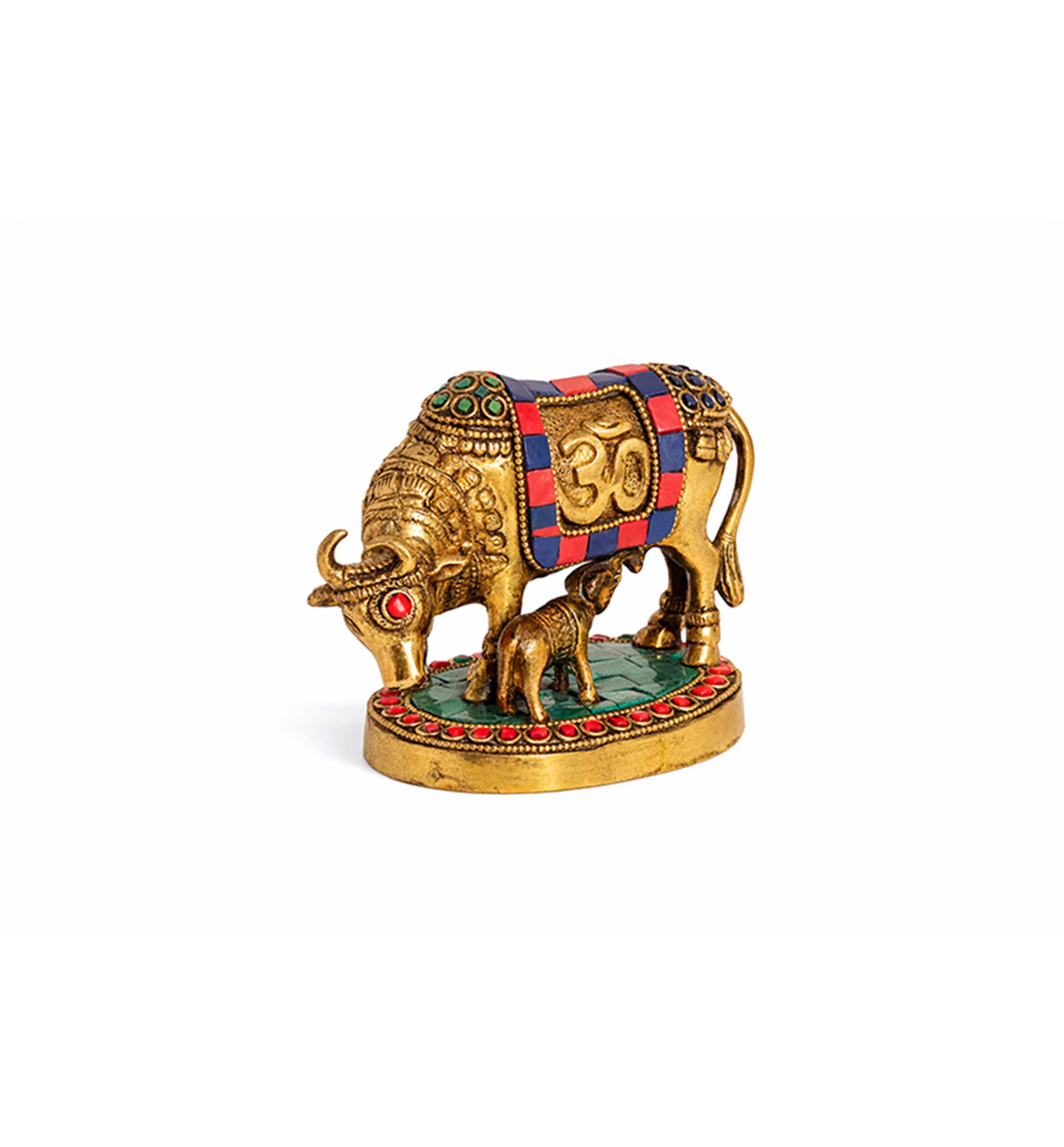 Handcrafted Bell Metal Kamdhenu Cow with Calf – Meenakari Finish view 2