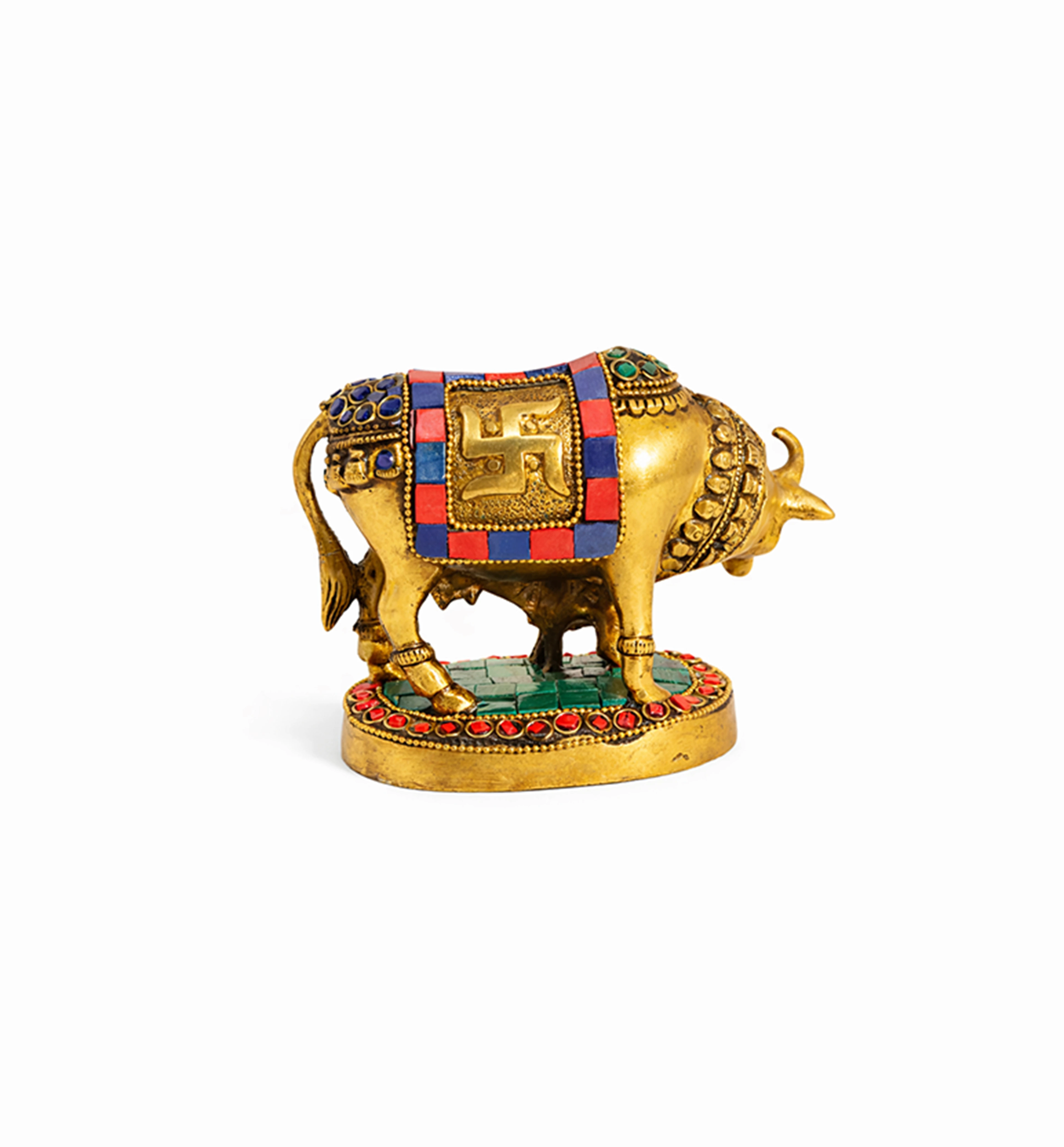 Handcrafted Bell Metal Kamdhenu Cow with Calf – Meenakari Finish view 3
