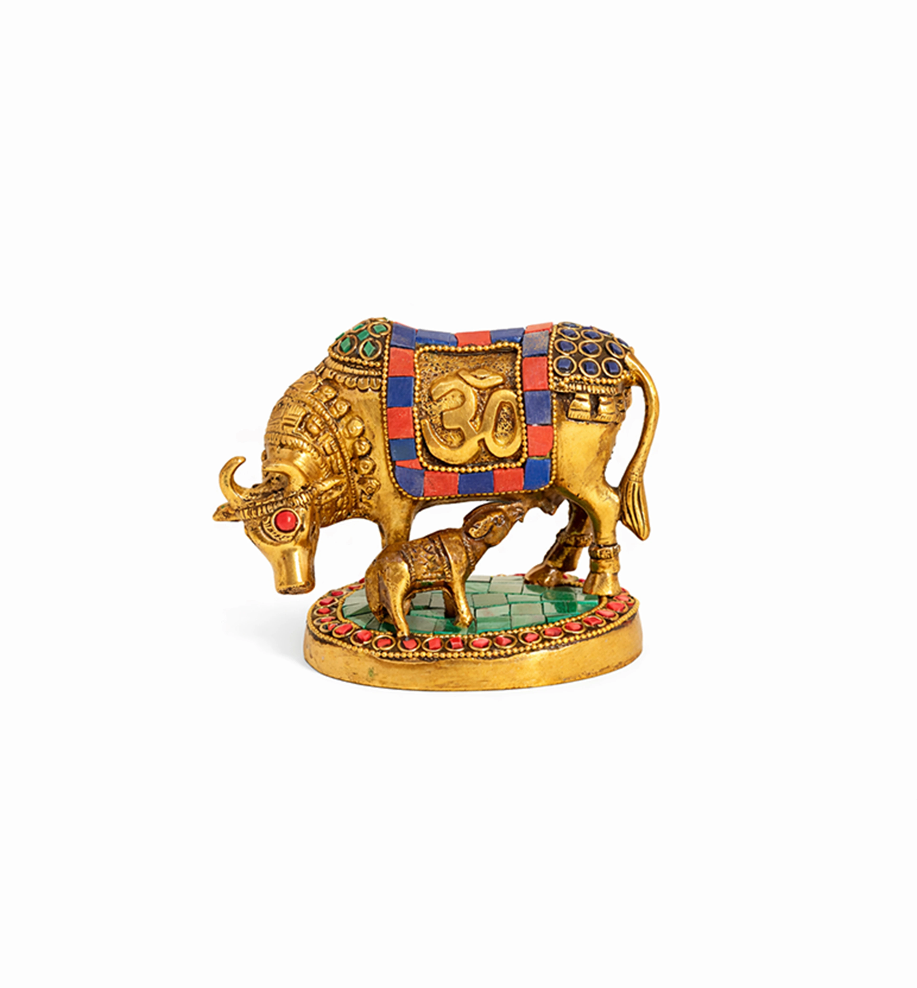Handcrafted Bell Metal Kamdhenu Cow with Calf – Meenakari Finish view 4