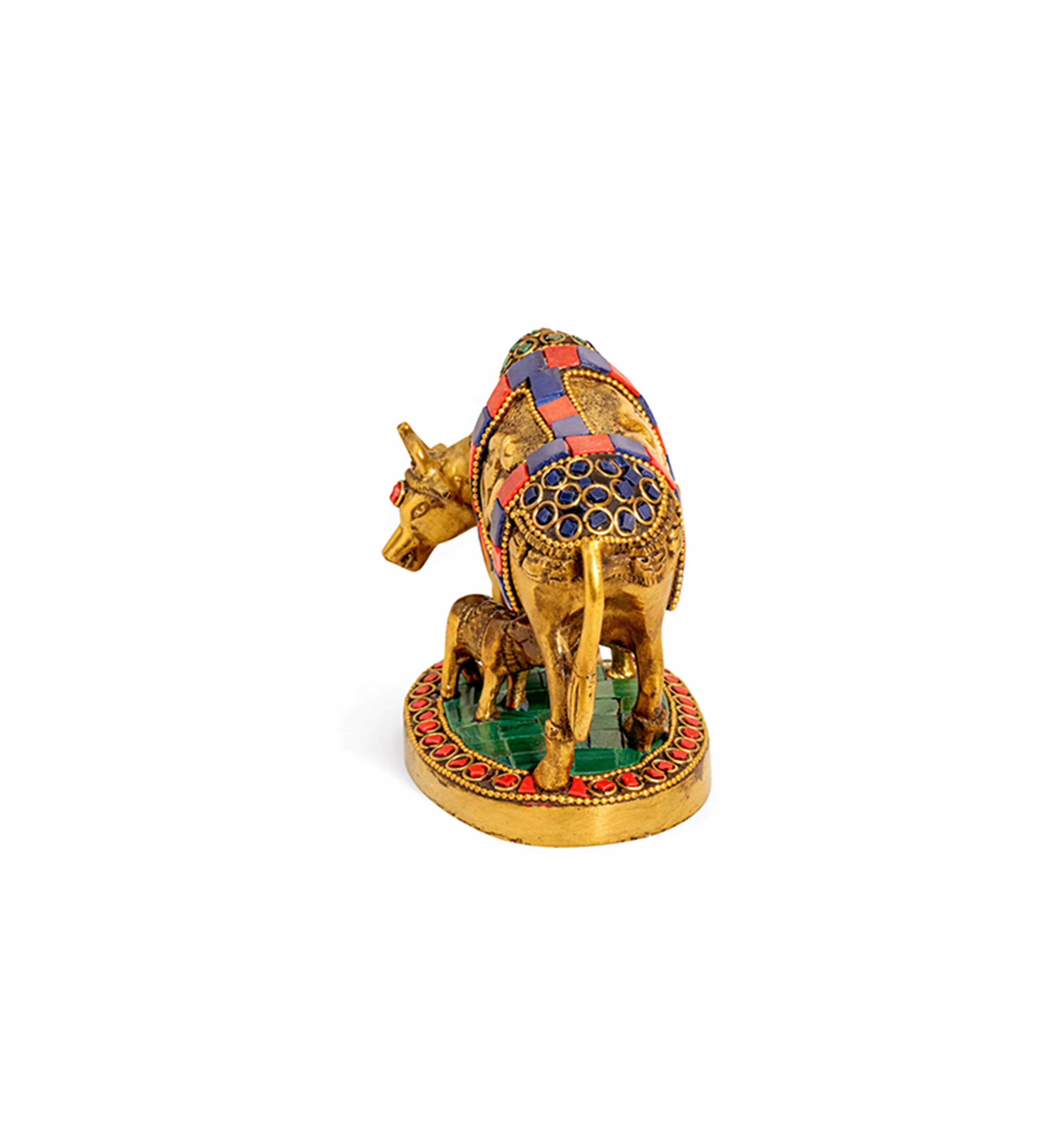 Handcrafted Bell Metal Kamdhenu Cow with Calf – Meenakari Finish view 5