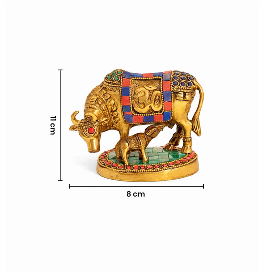 Handcrafted Bell Metal Kamdhenu Cow with Calf – Meenakari Finish view 6