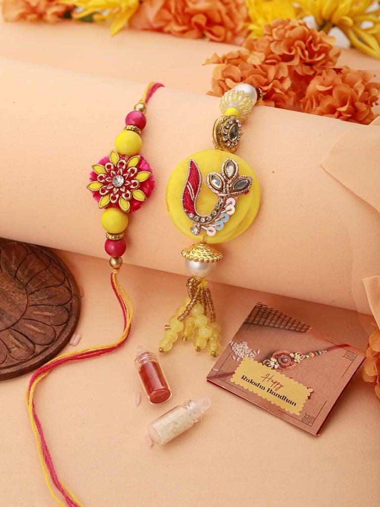 Set of 2 Yellow Kundan Rakhi For Bhaiya & Bhabhi Handcrafted Lumba Rakhi Set With Roli Chawal view 2