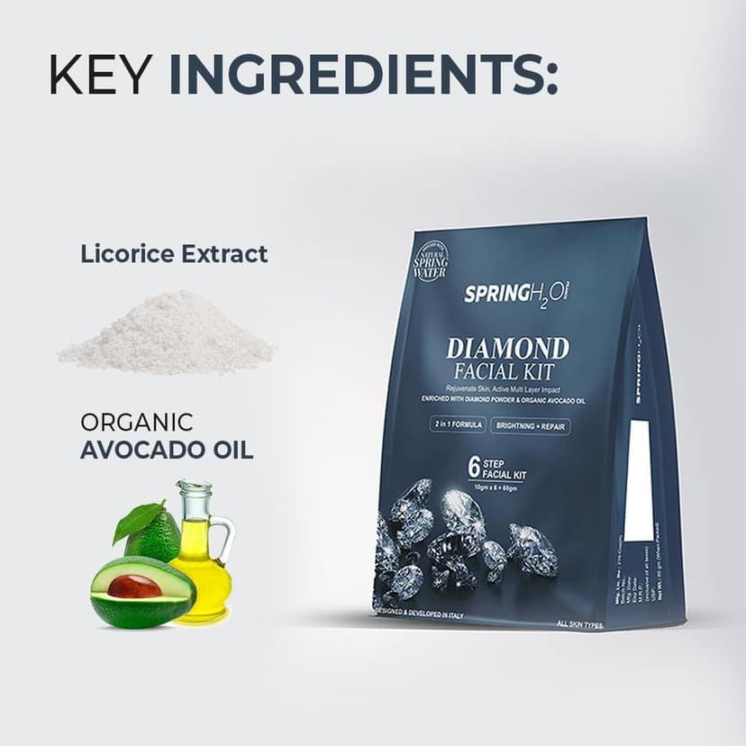 SPRING H2O Diamond Facial Kit 60g | 2-in-1 Brightening & Repair Formula | Enriched with Diamond Powder & Organic Avocado Oil | 6-Step Facial for Glowing Skin view 3