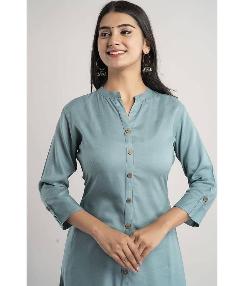 MAUKA - Turquoise Rayon Women's Front Slit Kurti ( Pack of 1 ) view 2